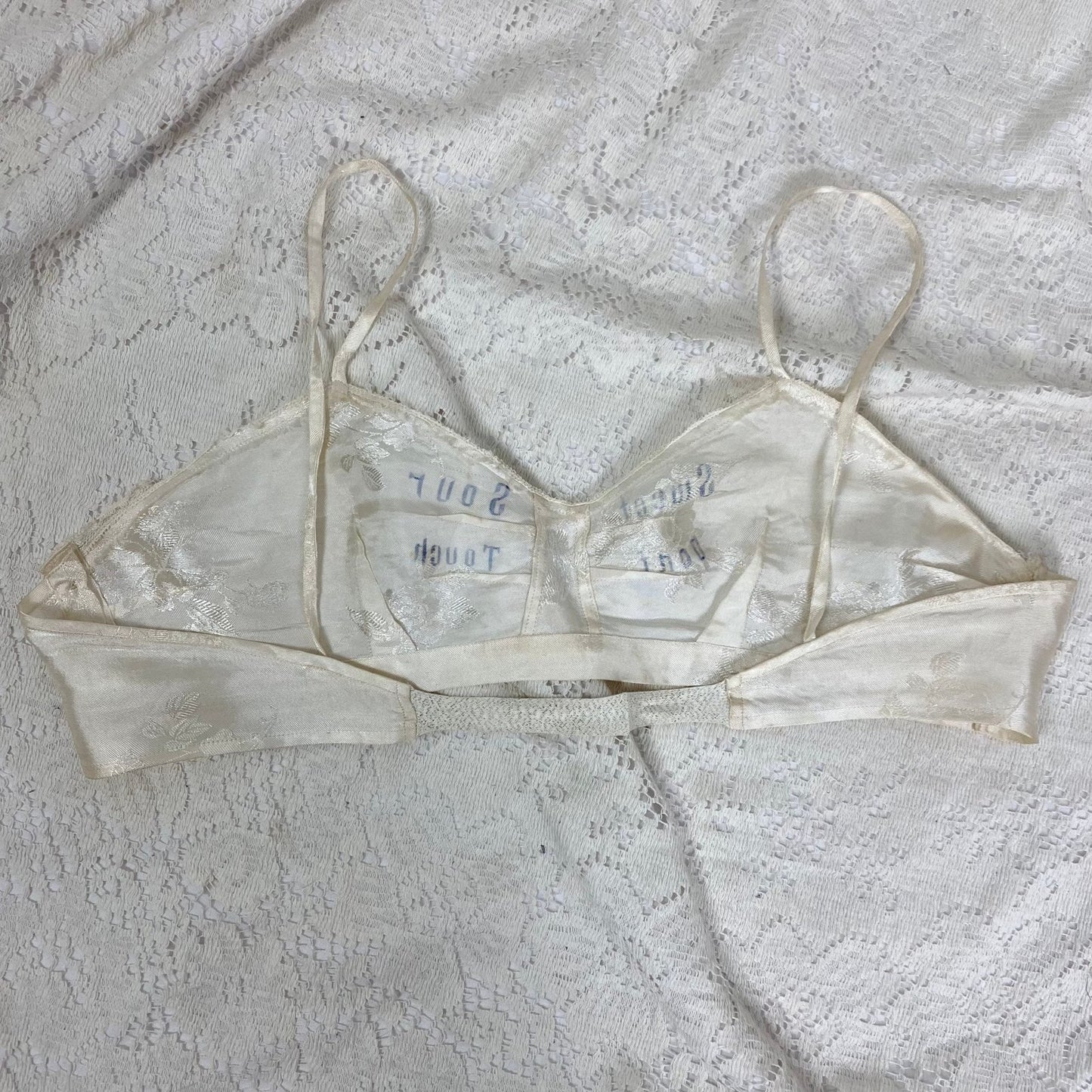 Vintage 1940's Souvenir Bralette & Panty Lingerie Set | Silky Ivory Rayon Satin Damask with Don't Touch Novelty Print | Size XS - Daggers & Dames