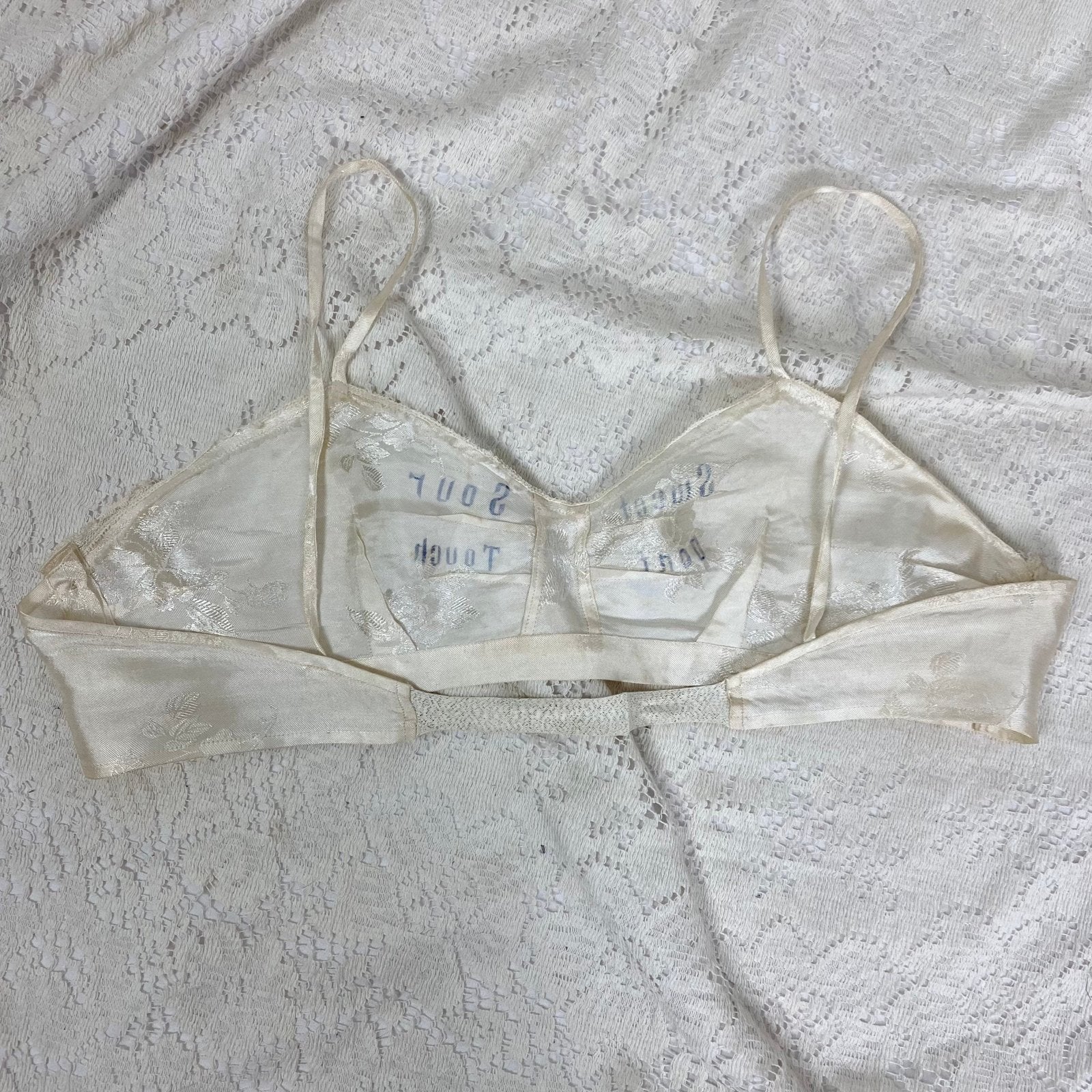 Vintage 1940's Souvenir Bralette & Panty Lingerie Set | Silky Ivory Rayon Satin Damask with Don't Touch Novelty Print | Size XS - Daggers & Dames