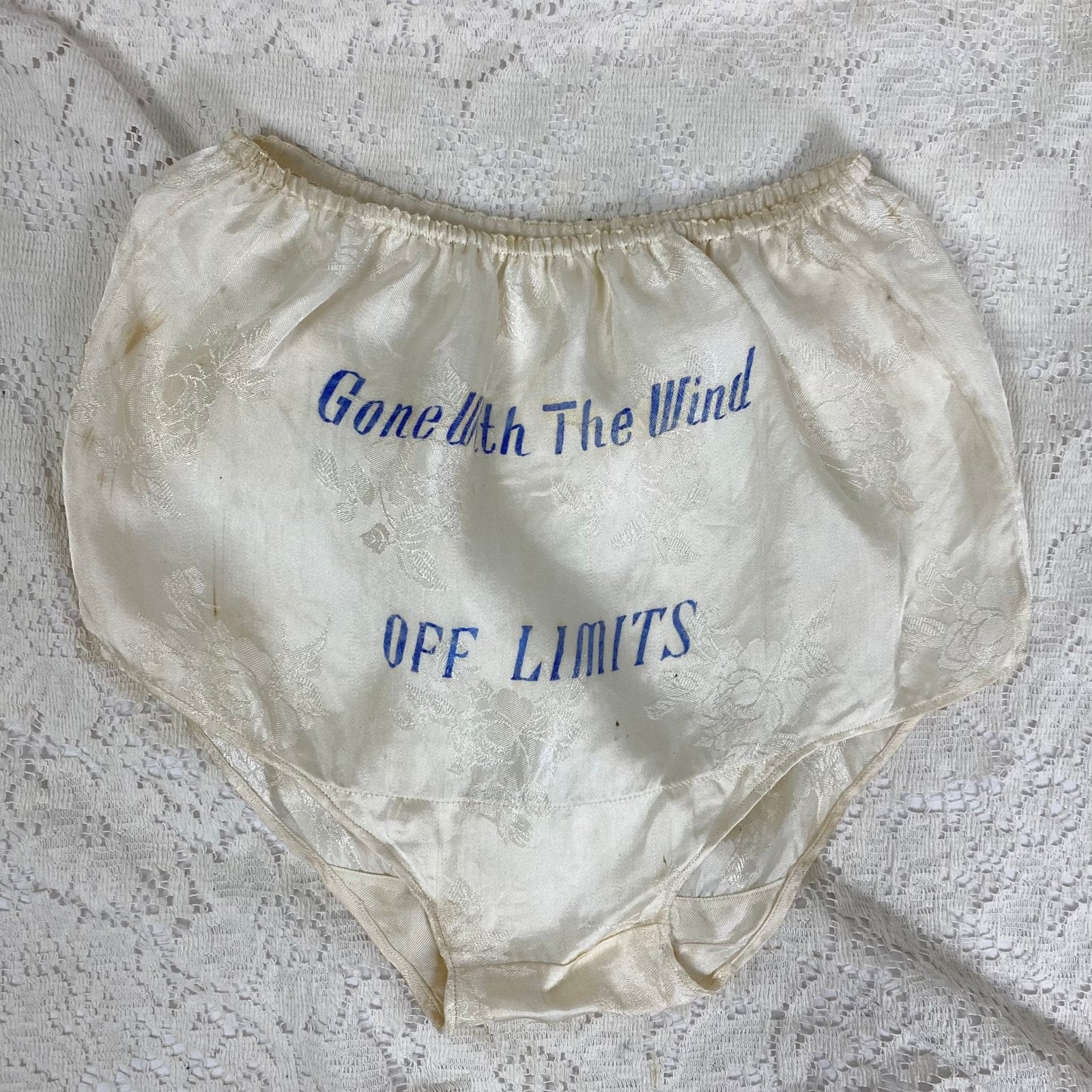 Vintage 1940's Souvenir Bralette & Panty Lingerie Set | Silky Ivory Rayon Satin Damask with Don't Touch Novelty Print | Size XS - Daggers & Dames