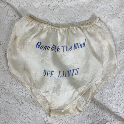 Vintage 1940's Souvenir Bralette & Panty Lingerie Set | Silky Ivory Rayon Satin Damask with Don't Touch Novelty Print | Size XS - Daggers & Dames