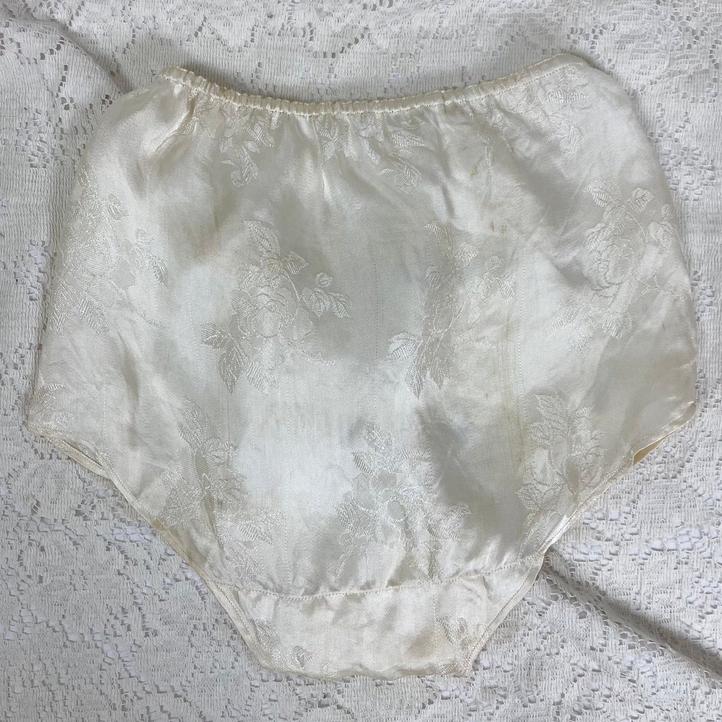Vintage 1940's Souvenir Bralette & Panty Lingerie Set | Silky Ivory Rayon Satin Damask with Don't Touch Novelty Print | Size XS - Daggers & Dames