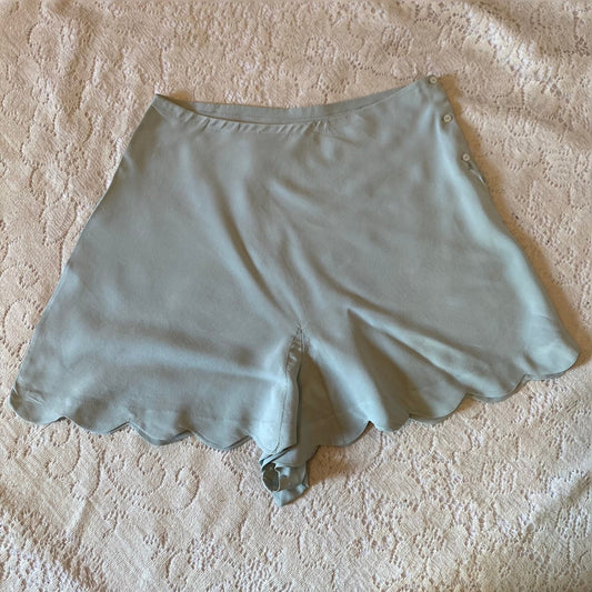 Vintage 1940's Tap Pants | Hand Stitched Pastel Blue Silk Crepe with Scalloped Hem | Size XS | Elizabeth Arden - Daggers & Dames