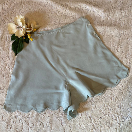 Vintage 1940's Tap Pants | Hand Stitched Pastel Blue Silk Crepe with Scalloped Hem | Size XS | Elizabeth Arden - Daggers & Dames