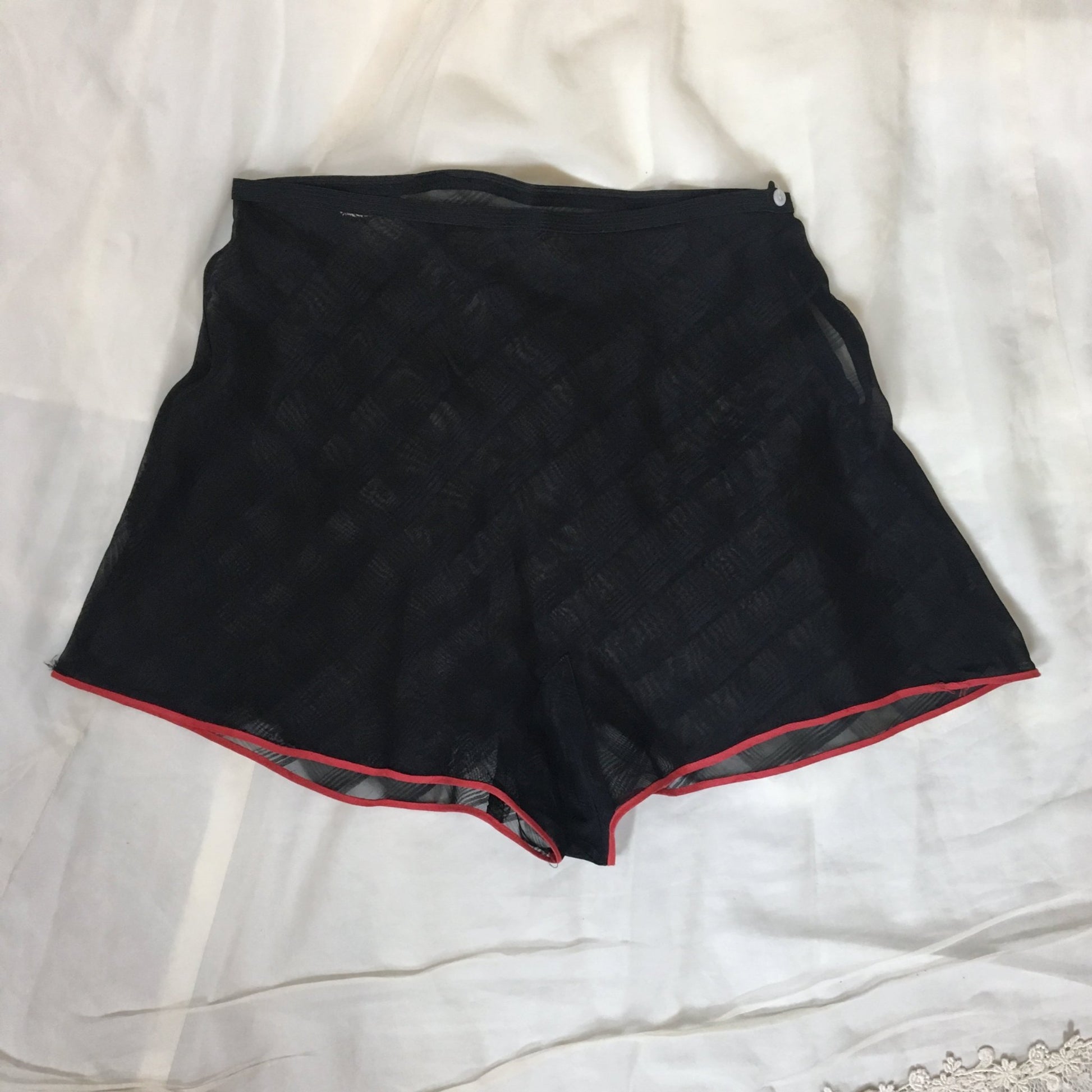 Vintage 1940's Tap Pants | Sheer Black Plaid Pattern Rayon Chiffon with Red Piped Hems | Size SM, MED - Daggers & Dames