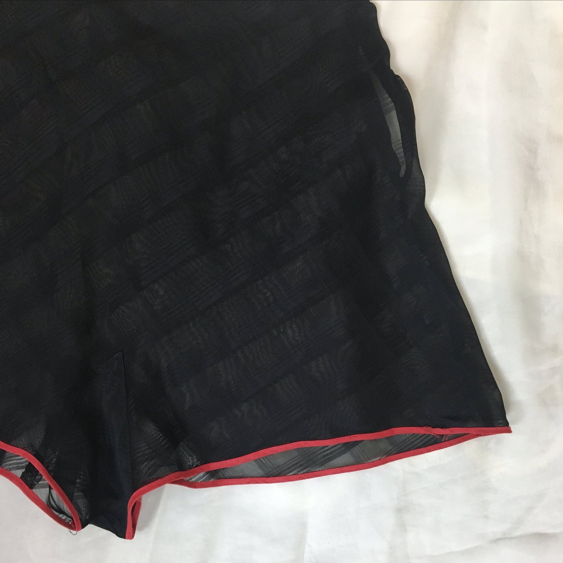 Vintage 1940's Tap Pants | Sheer Black Plaid Pattern Rayon Chiffon with Red Piped Hems | Size SM, MED - Daggers & Dames
