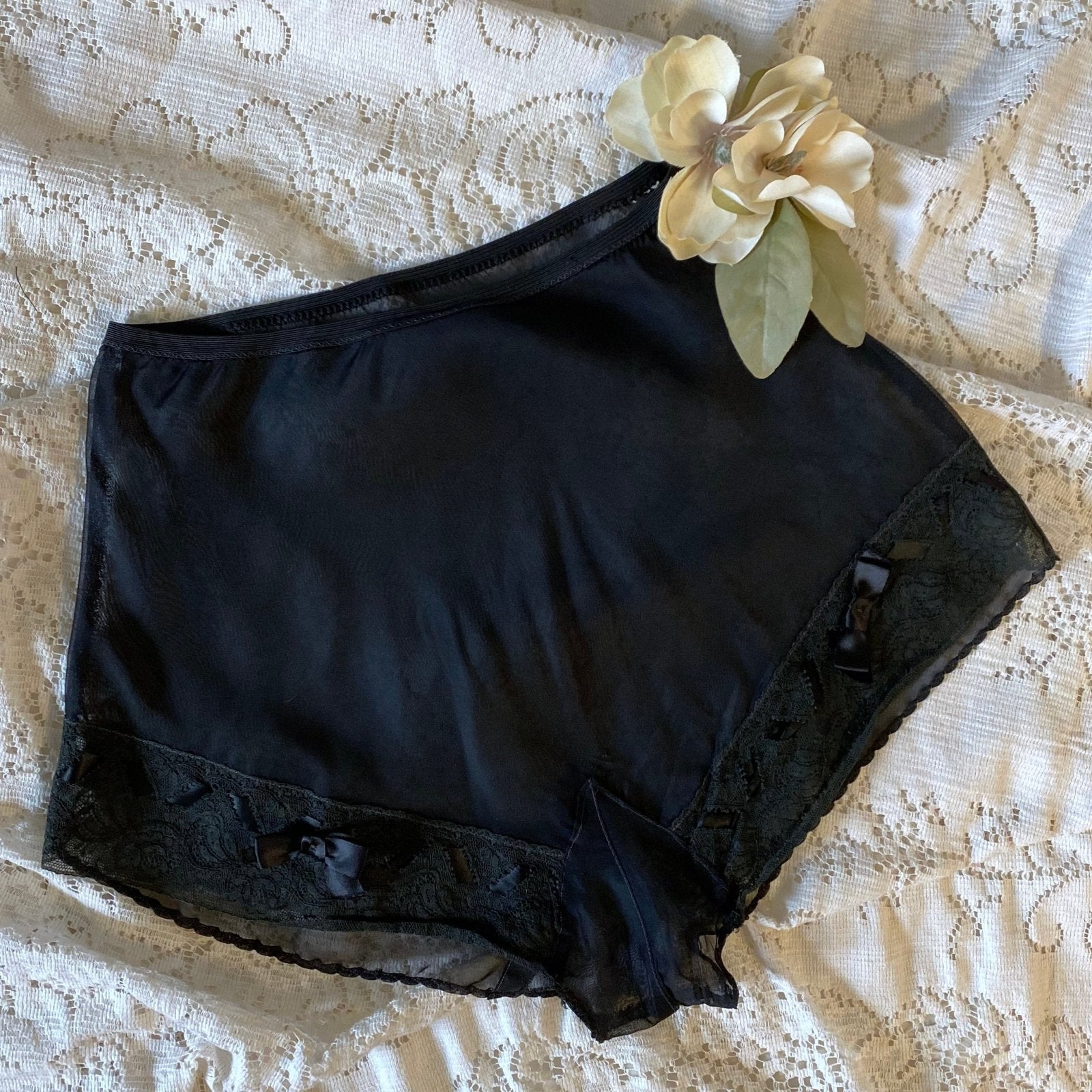 Vintage 1940's Tap Pants | Sheer Black Rayon Chiffon with Lace & Satin Ribbon Bows| Size XS Never Worn - Daggers & Dames