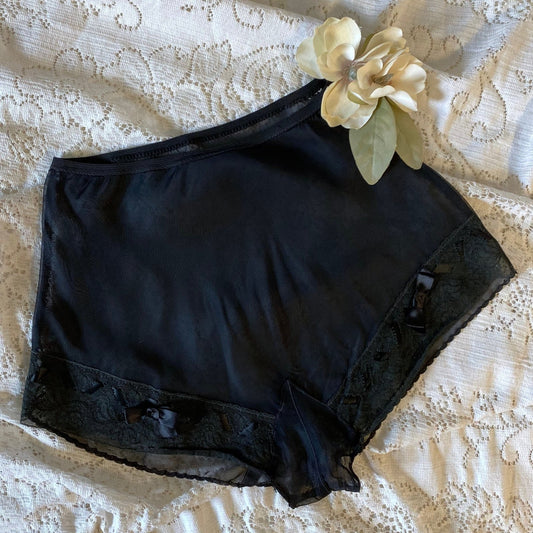 Vintage 1940's Tap Pants | Sheer Black Rayon Chiffon with Lace & Satin Ribbon Bows| Size XS Never Worn - Daggers & Dames