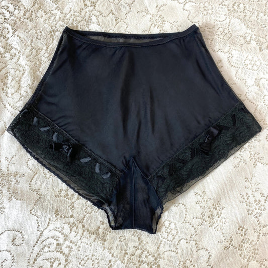Vintage 1940's Tap Pants | Sheer Black Rayon Chiffon with Lace & Satin Ribbon Bows| Size XS Never Worn - Daggers & Dames