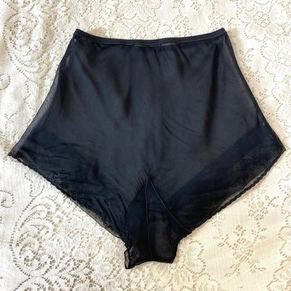 Vintage 1940's Tap Pants | Sheer Black Rayon Chiffon with Lace & Satin Ribbon Bows| Size XS Never Worn - Daggers & Dames