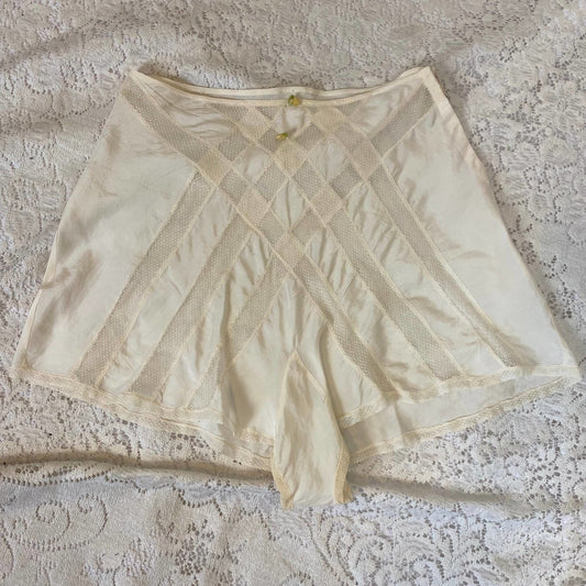 Vintage 1940's Tap Pants | White Silk with Embroidered Tulle Inserts & Silk Rosettes | Size S - Daggers & Dames