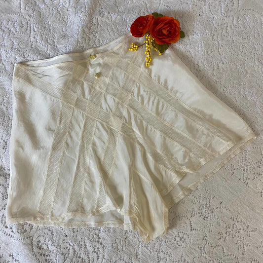 Vintage 1940's Tap Pants | White Silk with Embroidered Tulle Inserts & Silk Rosettes | Size S - Daggers & Dames
