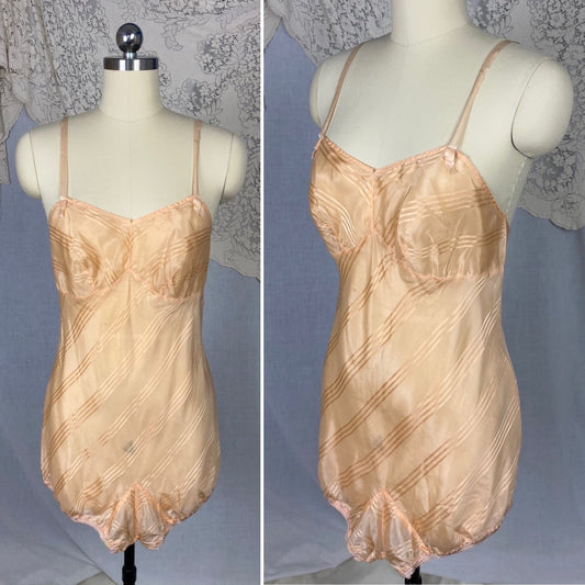 Vintage 1940's Teddy Chemise | Peach Silk with Satin Damask Stripes | Size S, M | Streamline -Never Worn - Daggers & Dames