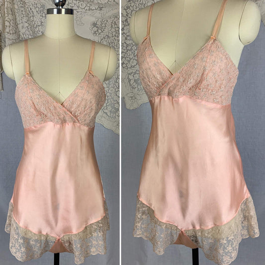 Vintage 1940's Teddy Chemise | Rose Pink Rayon Satin with Tambour Lace Embroidery | Size M - Daggers & Dames