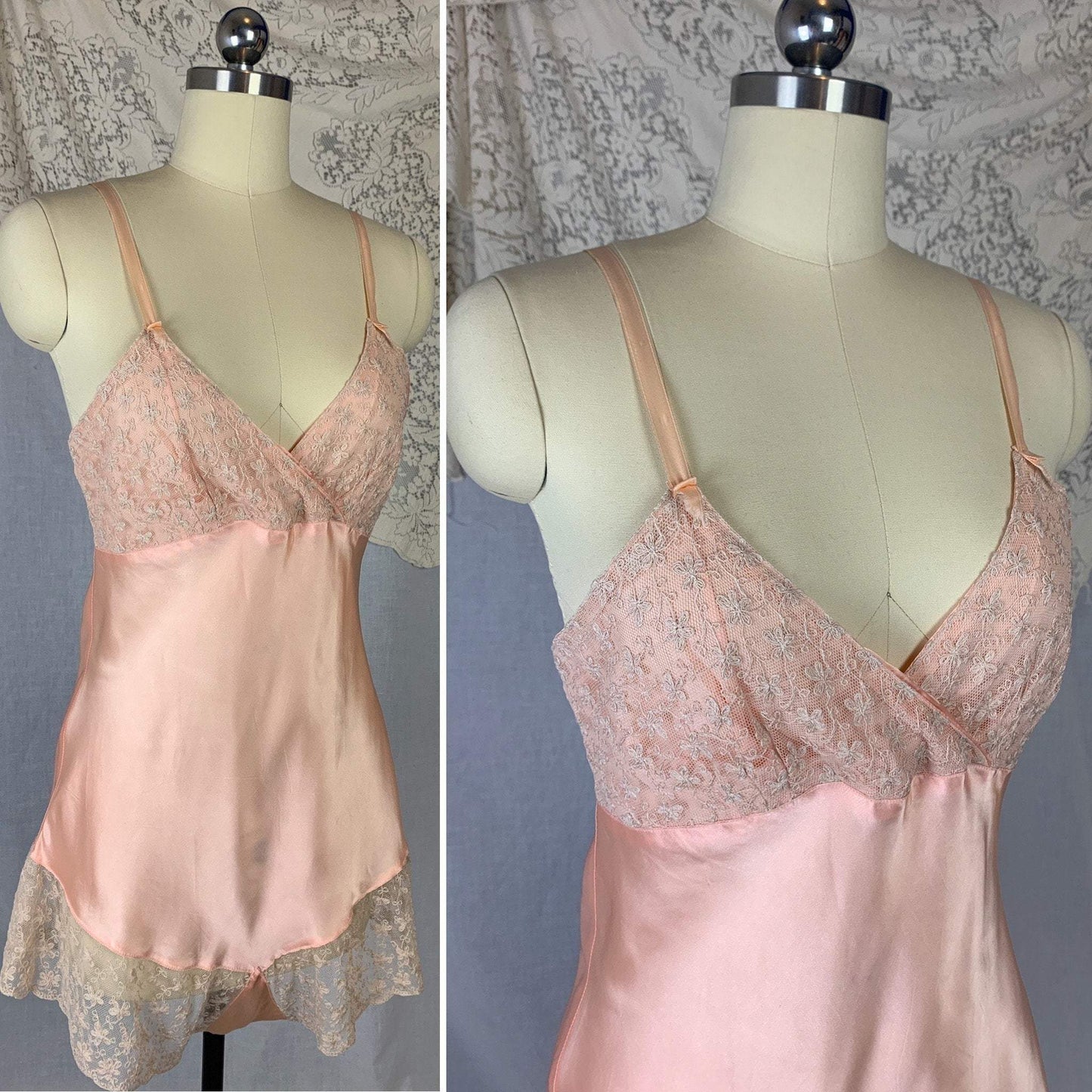 Vintage 1940's Teddy Chemise | Rose Pink Rayon Satin with Tambour Lace Embroidery | Size M - Daggers & Dames