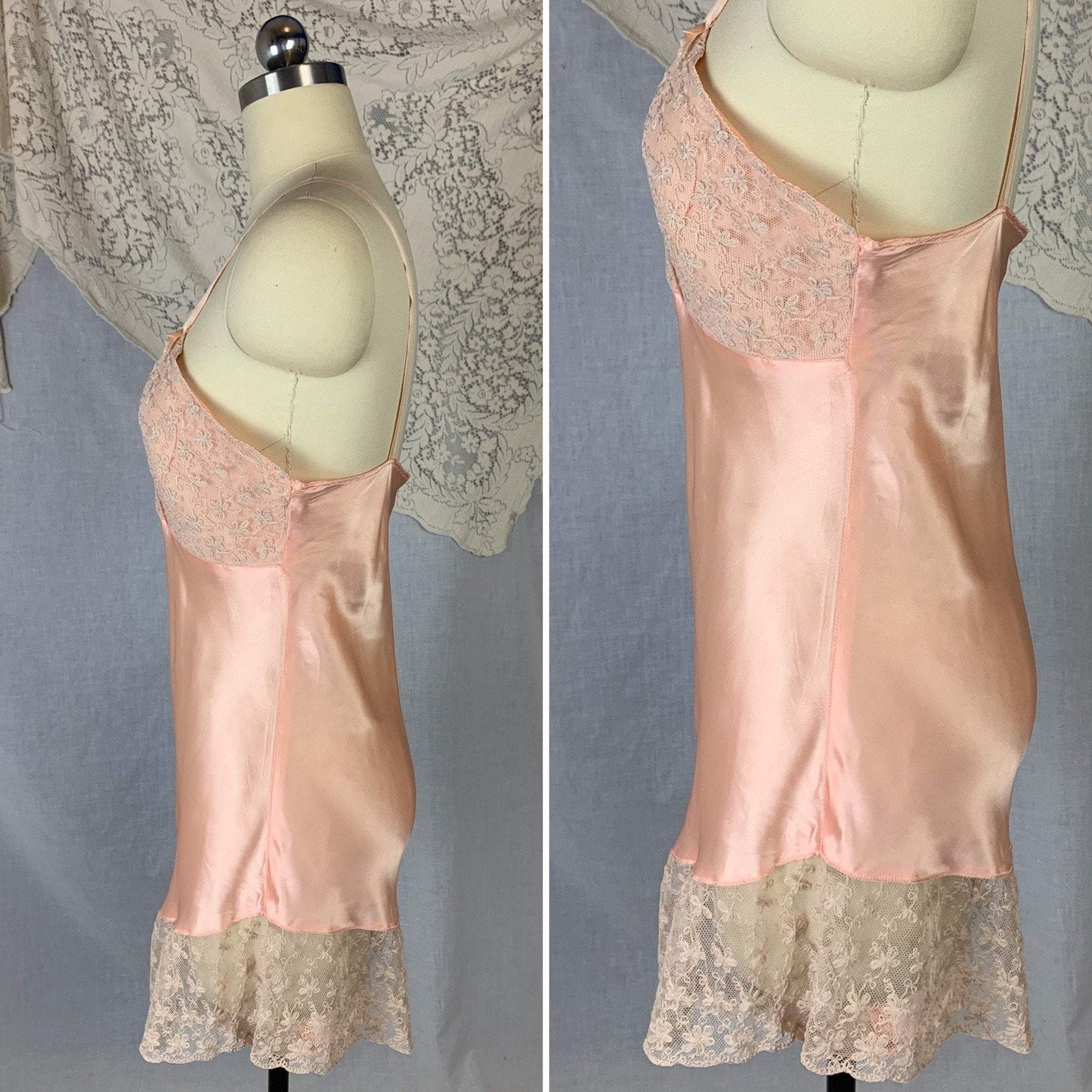 Vintage 1940's Teddy Chemise | Rose Pink Rayon Satin with Tambour Lace Embroidery | Size M - Daggers & Dames