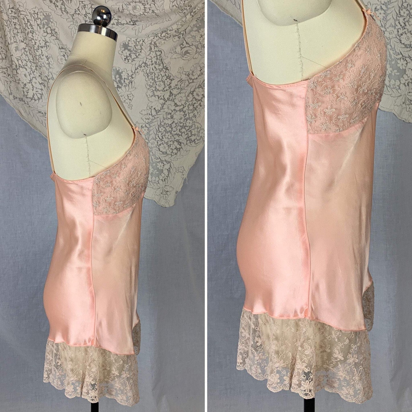 Vintage 1940's Teddy Chemise | Rose Pink Rayon Satin with Tambour Lace Embroidery | Size M - Daggers & Dames