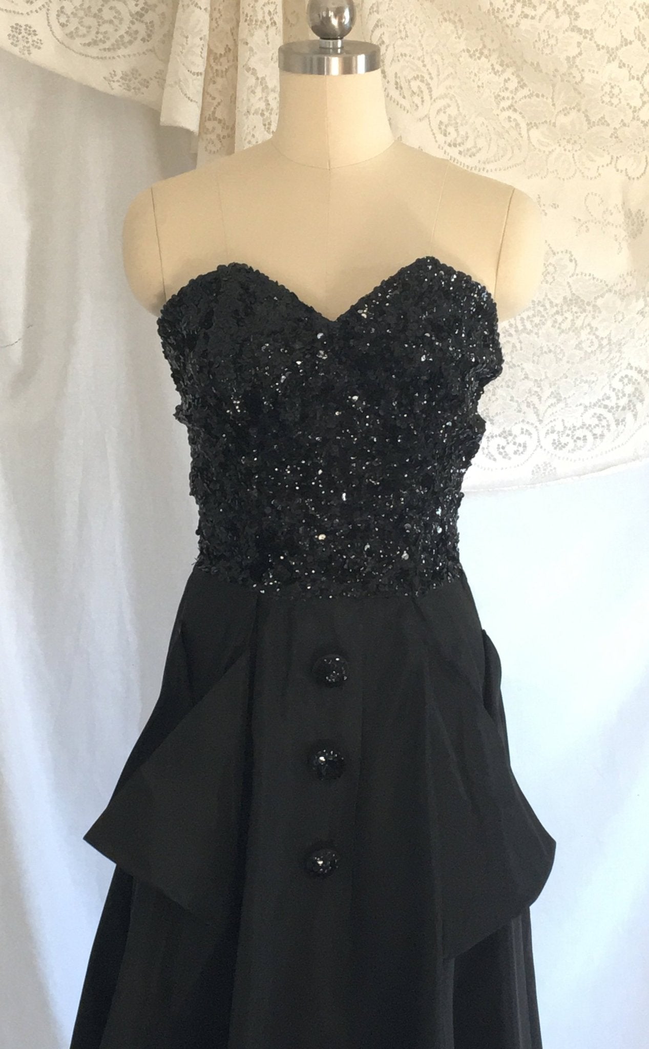 Vintage 1940s's Dress | Black Sequined Bodice &Taffeta | Strapless Evening Gown | Prom Dress | Jack Herzog | Size XS - Daggers & Dames
