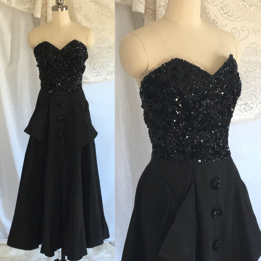 Vintage 1940s's Dress | Black Sequined Bodice &Taffeta | Strapless Evening Gown | Prom Dress | Jack Herzog | Size XS - Daggers & Dames