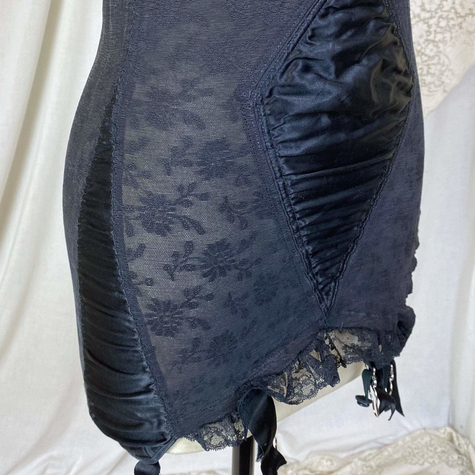 Vintage 1950's All in One Girdle | Black Floral Elastic Mesh with Sheer Lace & Plush Velvet Lining | Size 36 C, 38 B - Daggers & Dames