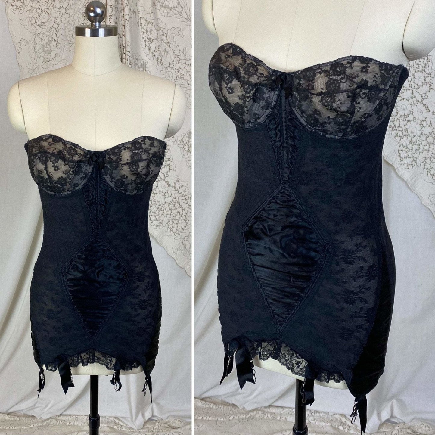 Vintage 1950's All in One Girdle | Black Floral Elastic Mesh with Sheer Lace & Plush Velvet Lining | Size 36 C, 38 B - Daggers & Dames