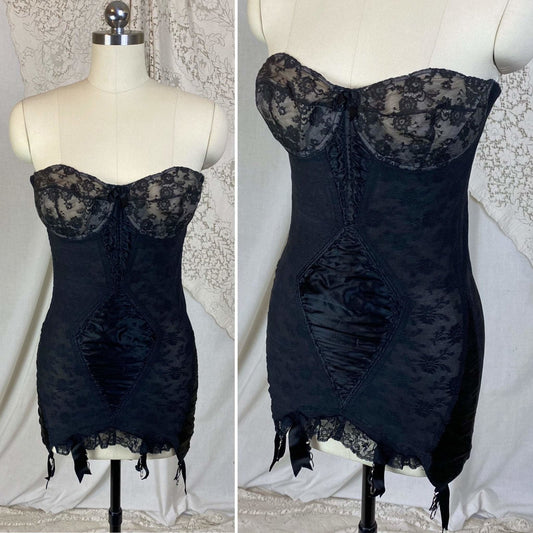 Vintage 1950's All in One Girdle | Black Floral Elastic Mesh with Sheer Lace & Plush Velvet Lining | Size 36 C, 38 B - Daggers & Dames