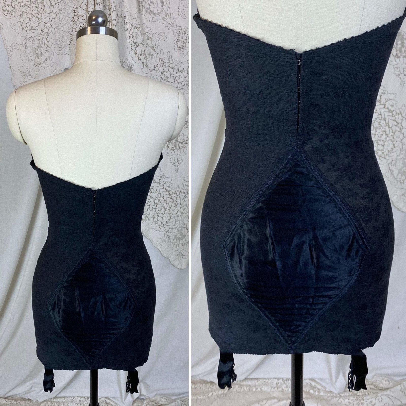 Vintage 1950's All in One Girdle | Black Floral Elastic Mesh with Sheer Lace & Plush Velvet Lining | Size 36 C, 38 B - Daggers & Dames