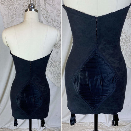 Vintage 1950's All in One Girdle | Black Floral Elastic Mesh with Sheer Lace & Plush Velvet Lining | Size 36 C, 38 B - Daggers & Dames