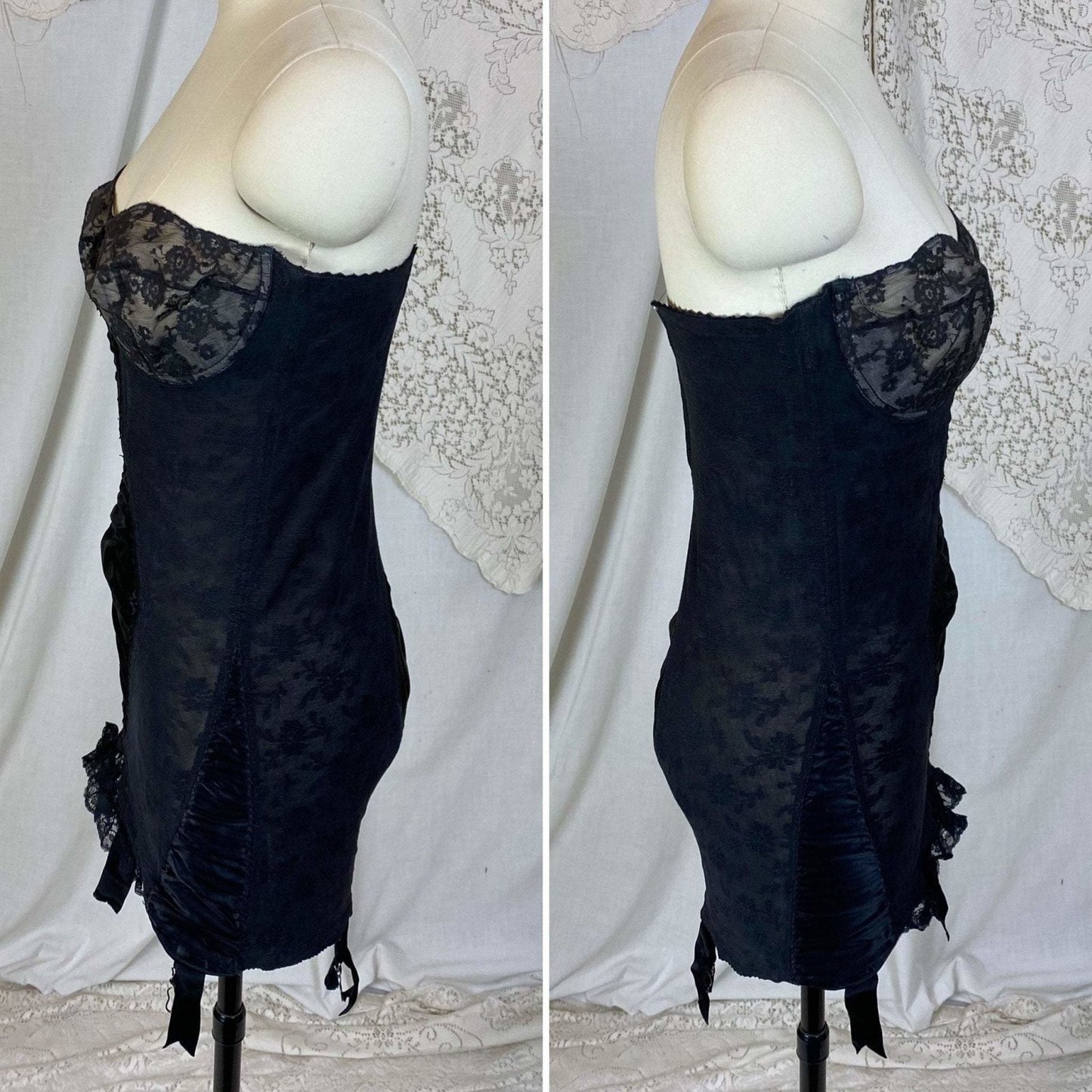 Vintage 1950's All in One Girdle | Black Floral Elastic Mesh with Sheer Lace & Plush Velvet Lining | Size 36 C, 38 B - Daggers & Dames