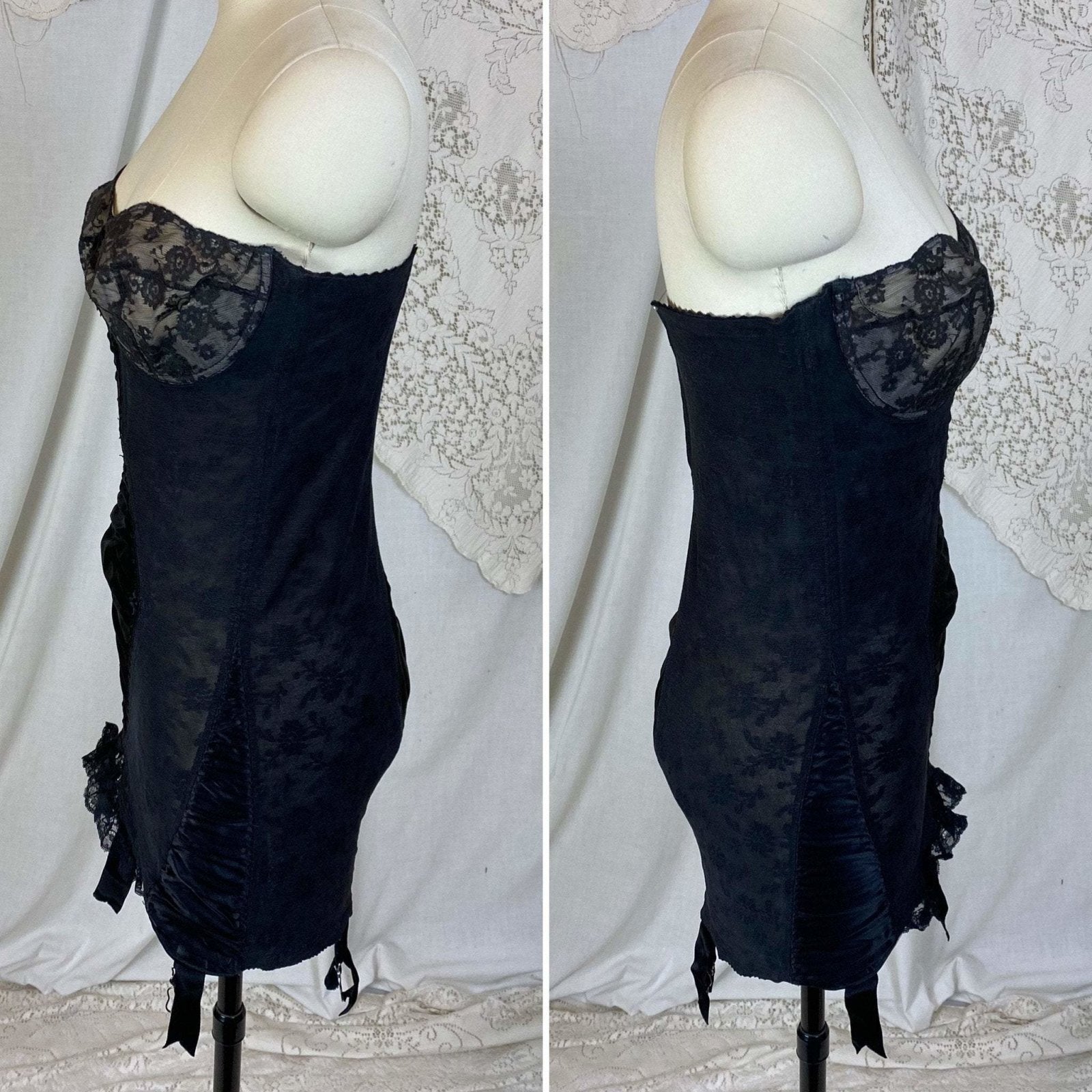 Vintage 1950's All in One Girdle | Black Floral Elastic Mesh with Sheer Lace & Plush Velvet Lining | Size 36 C, 38 B - Daggers & Dames