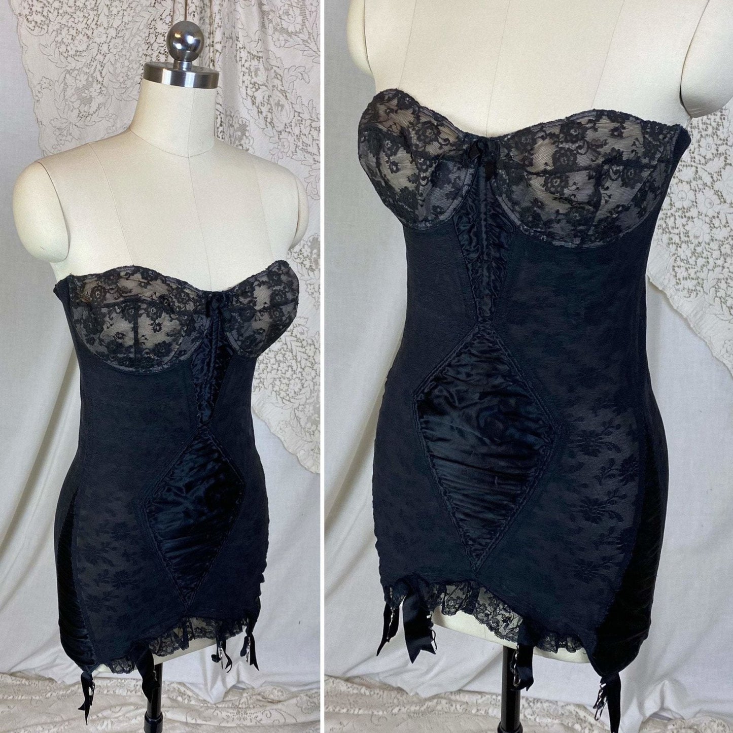 Vintage 1950's All in One Girdle | Black Floral Elastic Mesh with Sheer Lace & Plush Velvet Lining | Size 36 C, 38 B - Daggers & Dames