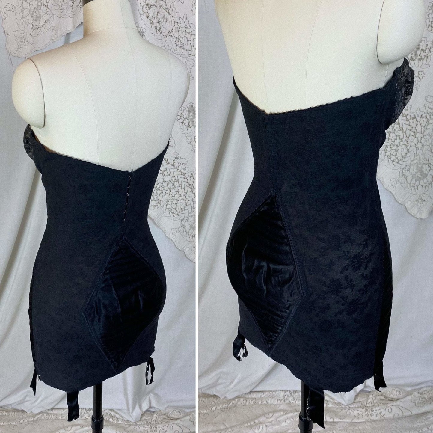 Vintage 1950's All in One Girdle | Black Floral Elastic Mesh with Sheer Lace & Plush Velvet Lining | Size 36 C, 38 B - Daggers & Dames