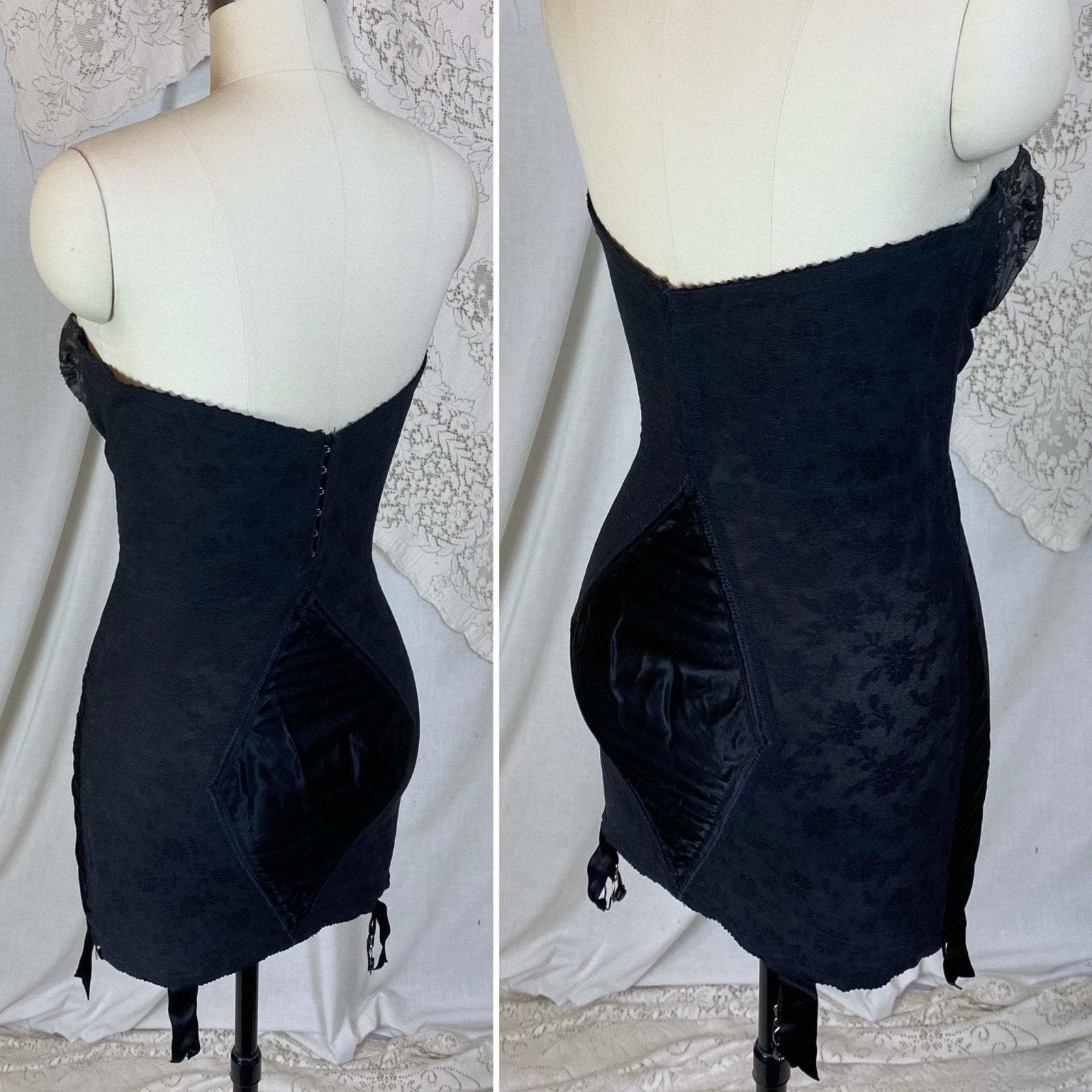 Vintage 1950's All in One Girdle | Black Floral Elastic Mesh with Sheer Lace & Plush Velvet Lining | Size 36 C, 38 B - Daggers & Dames