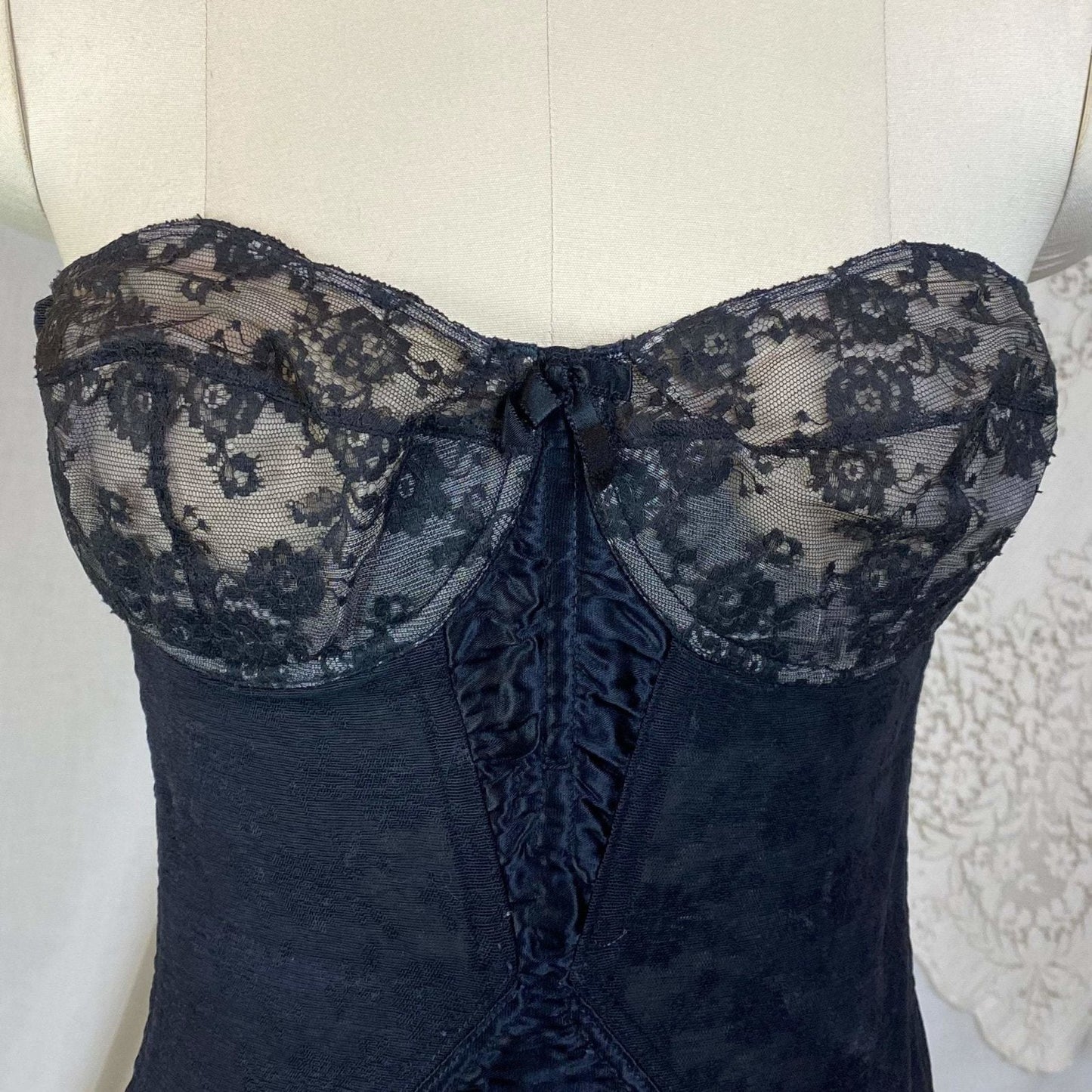Vintage 1950's All in One Girdle | Black Floral Elastic Mesh with Sheer Lace & Plush Velvet Lining | Size 36 C, 38 B - Daggers & Dames