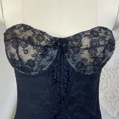 Vintage 1950's All in One Girdle | Black Floral Elastic Mesh with Sheer Lace & Plush Velvet Lining | Size 36 C, 38 B - Daggers & Dames