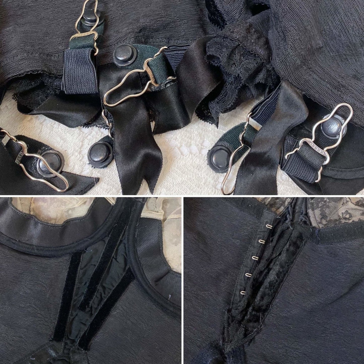 Vintage 1950's All in One Girdle | Black Floral Elastic Mesh with Sheer Lace & Plush Velvet Lining | Size 36 C, 38 B - Daggers & Dames