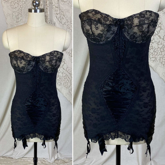 Vintage 1950's All in One Girdle | Black Floral Elastic Mesh with Sheer Lace & Plush Velvet Lining | Size 36 C, 38 B - Daggers & Dames