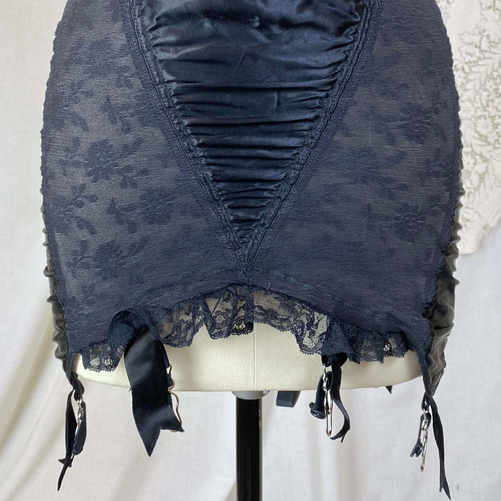 Vintage 1950's All in One Girdle | Black Floral Elastic Mesh with Sheer Lace & Plush Velvet Lining | Size 36 C, 38 B - Daggers & Dames