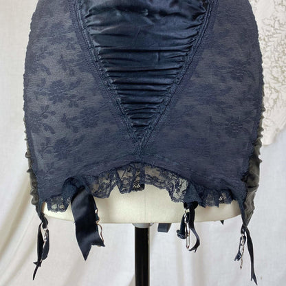 Vintage 1950's All in One Girdle | Black Floral Elastic Mesh with Sheer Lace & Plush Velvet Lining | Size 36 C, 38 B - Daggers & Dames