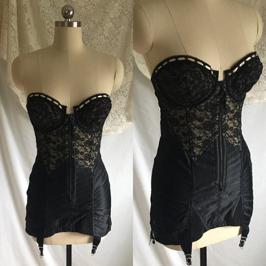 VIntage 1950's All in One Girdle | Black Floral Illusion Lace & Acetate Satin | Lady Marlene, Rare | Size XLG - Daggers & Dames
