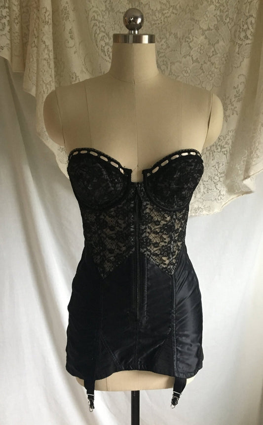 VIntage 1950's All in One Girdle | Black Floral Illusion Lace & Acetate Satin | Lady Marlene, Rare | Size XLG - Daggers & Dames