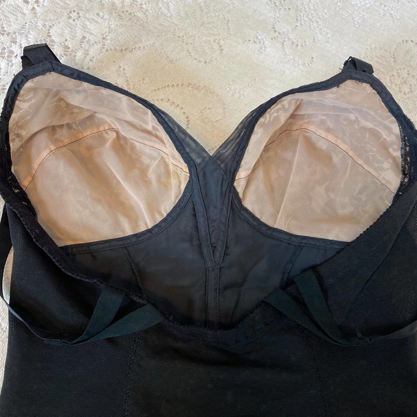 Vintage 1950's All in One Girdle | Black Mesh with Floral Lace over Nude Illusion | Size 38 C, 36 D | Wonder Span by Charmode - Daggers & Dames