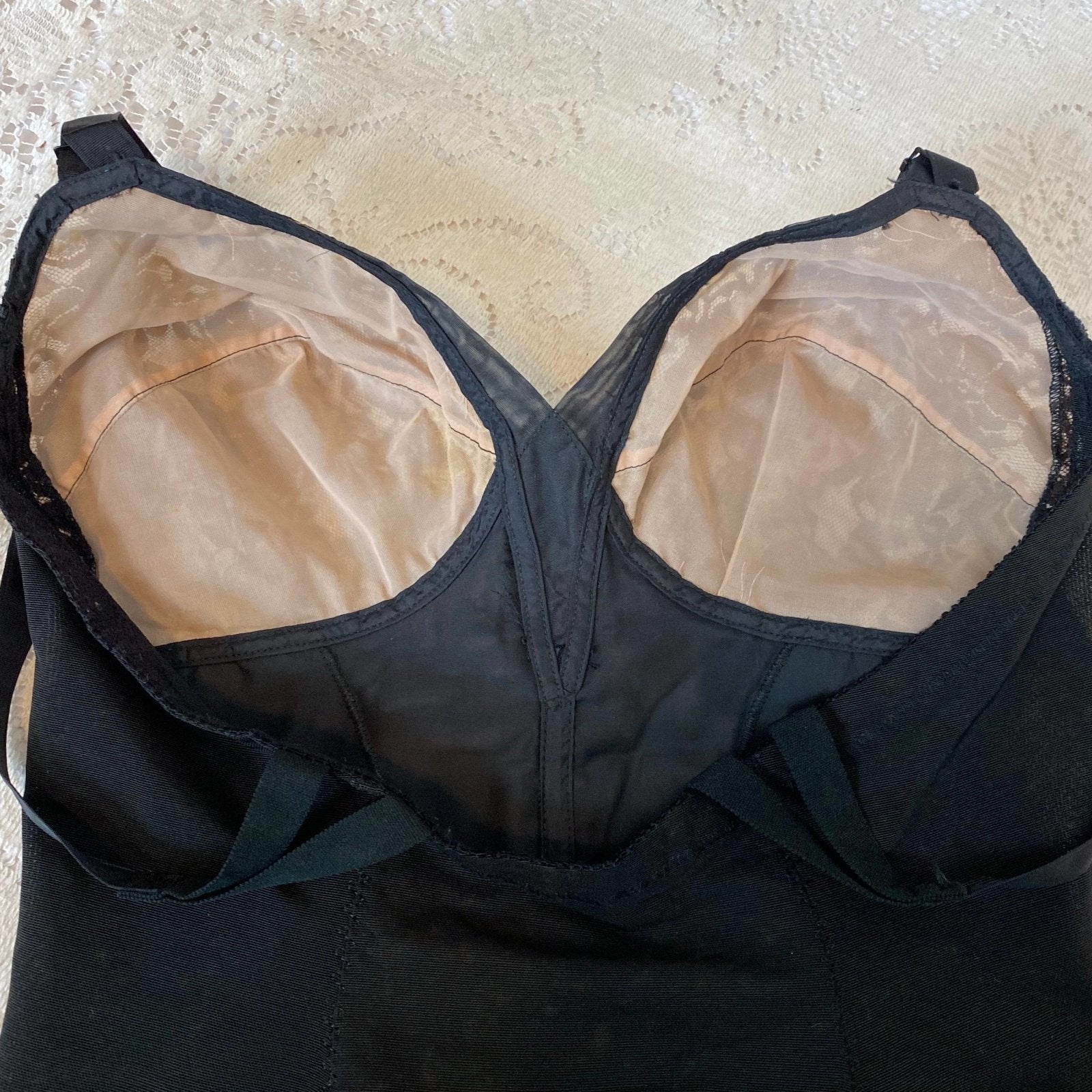 Vintage 1950's All in One Girdle | Black Mesh with Floral Lace over Nude Illusion | Size 38 C, 36 D | Wonder Span by Charmode - Daggers & Dames