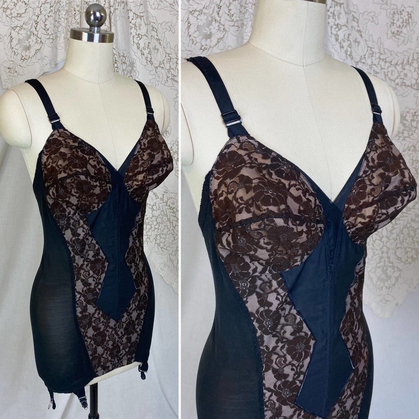 Vintage 1950's All in One Girdle | Black Mesh with Floral Lace over Nude Illusion | Size 38 C, 36 D | Wonder Span by Charmode - Daggers & Dames