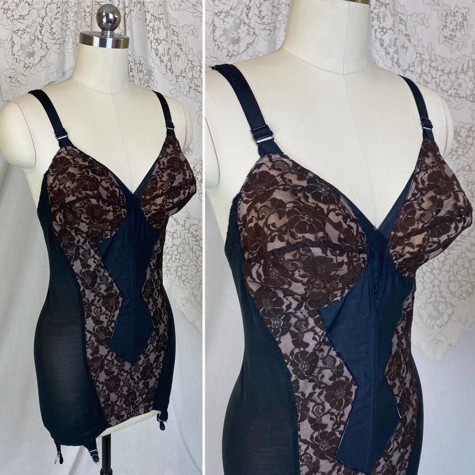 Vintage 1950's All in One Girdle | Black Mesh with Floral Lace over Nude Illusion | Size 38 C, 36 D | Wonder Span by Charmode - Daggers & Dames