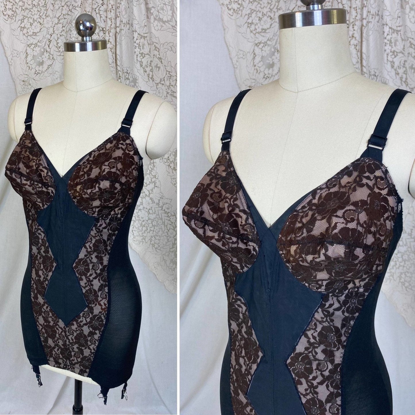 Vintage 1950's All in One Girdle | Black Mesh with Floral Lace over Nude Illusion | Size 38 C, 36 D | Wonder Span by Charmode - Daggers & Dames