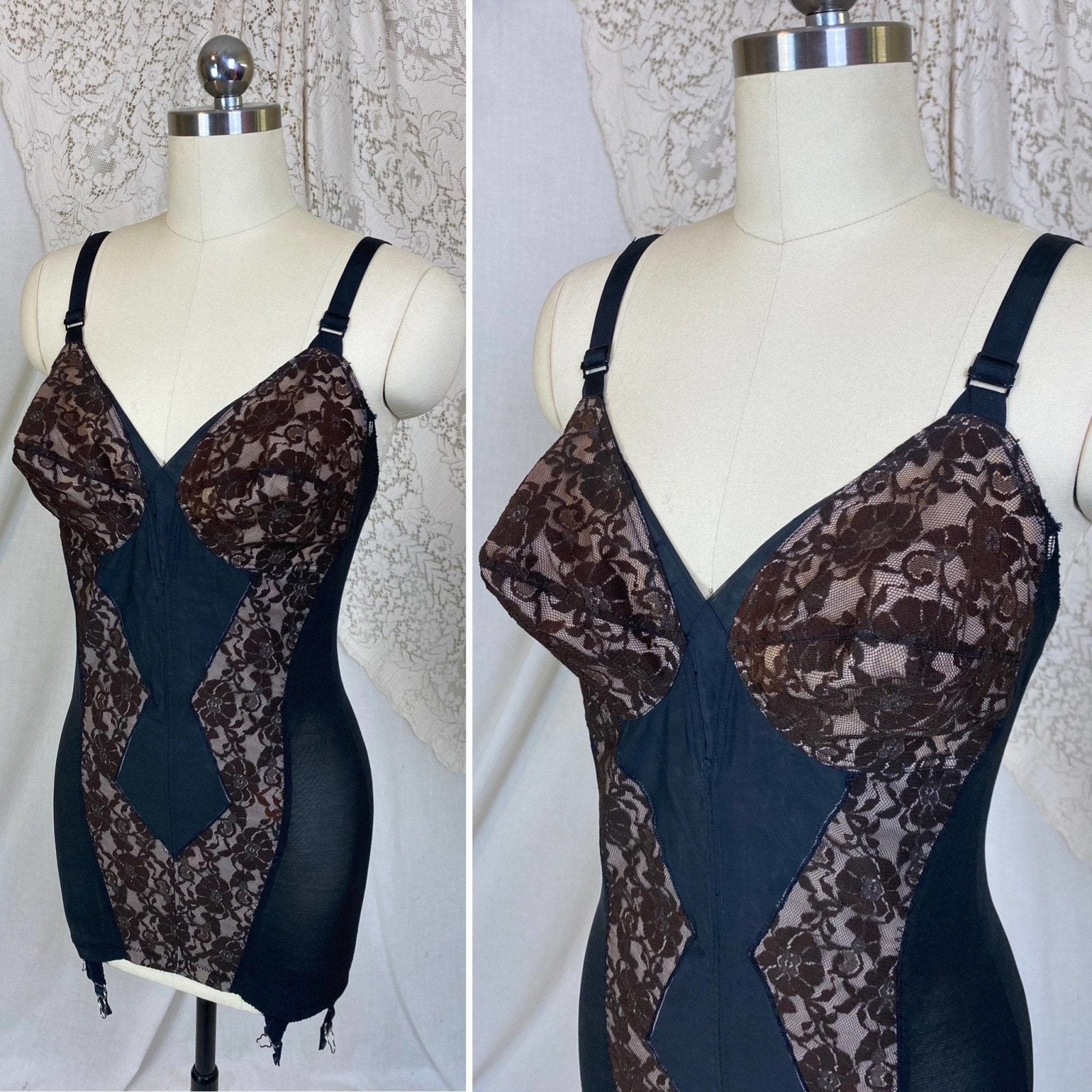 Vintage 1950's All in One Girdle | Black Mesh with Floral Lace over Nude Illusion | Size 38 C, 36 D | Wonder Span by Charmode - Daggers & Dames