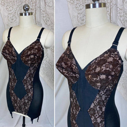 Vintage 1950's All in One Girdle | Black Mesh with Floral Lace over Nude Illusion | Size 38 C, 36 D | Wonder Span by Charmode - Daggers & Dames