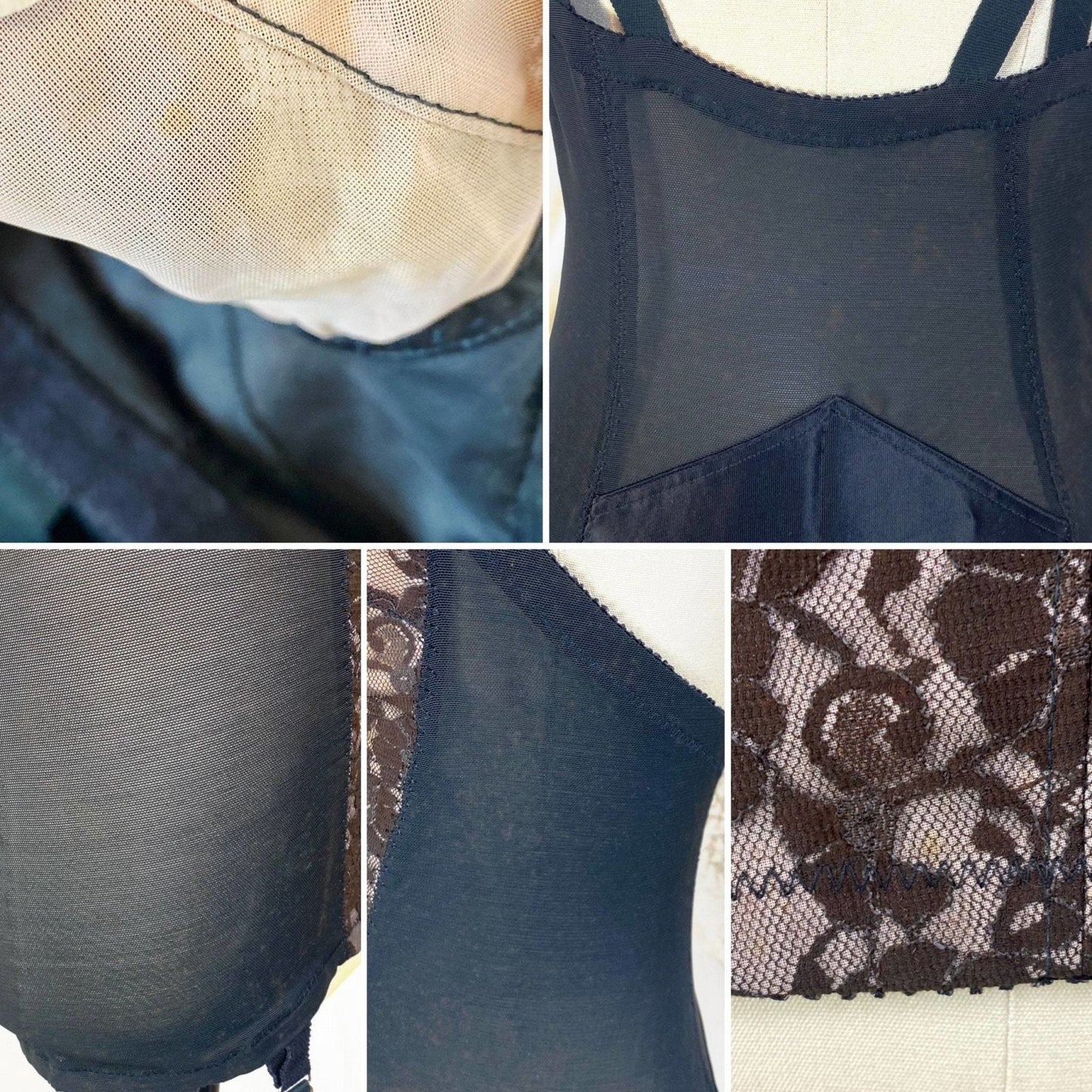 Vintage 1950's All in One Girdle | Black Mesh with Floral Lace over Nude Illusion | Size 38 C, 36 D | Wonder Span by Charmode - Daggers & Dames