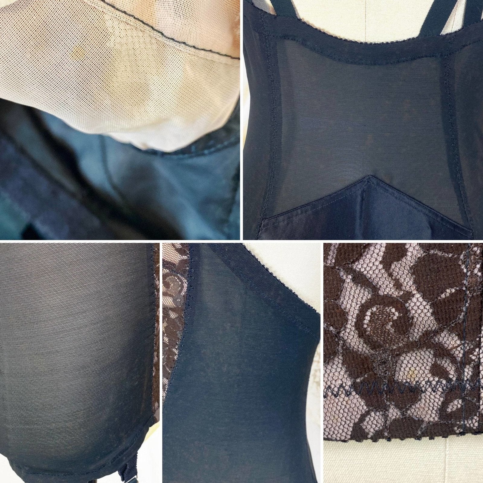 Vintage 1950's All in One Girdle | Black Mesh with Floral Lace over Nude Illusion | Size 38 C, 36 D | Wonder Span by Charmode - Daggers & Dames