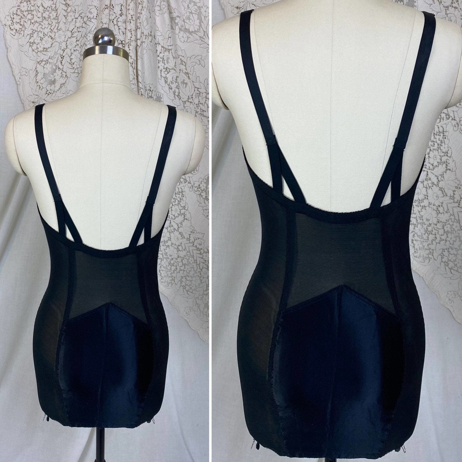Vintage 1950's All in One Girdle | Black Mesh with Floral Lace over Nude Illusion | Size 38 C, 36 D | Wonder Span by Charmode - Daggers & Dames